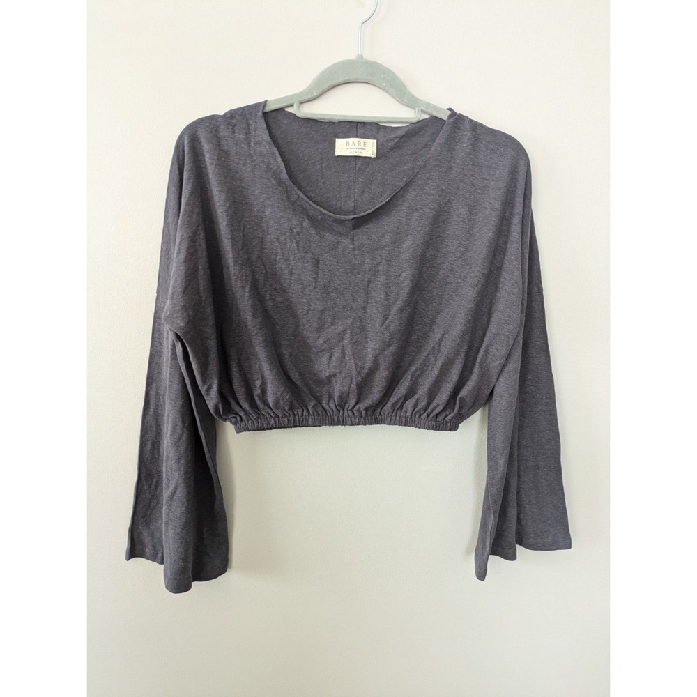 Bare by Charlie Holiday Navy Crop Top Lounge Sweater Bell Sleeve Hemp Small $99
